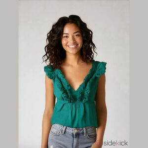 BCBGMaxazria Women's Large Green Summer Chic Ruffle V-Neck Sleeveless Blouse Top